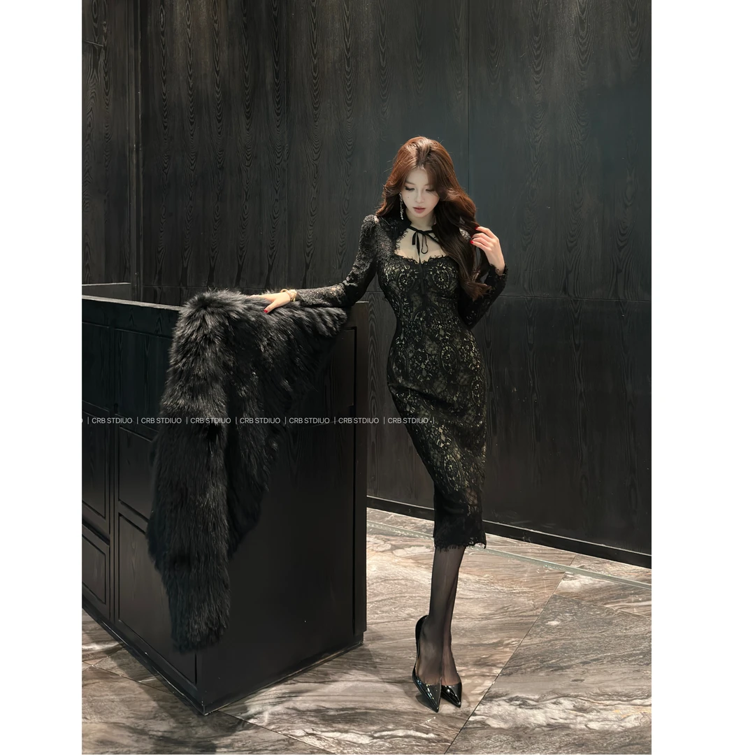 【春日部】小黑裙 法式优雅绑带气质蕾丝连衣裙0530