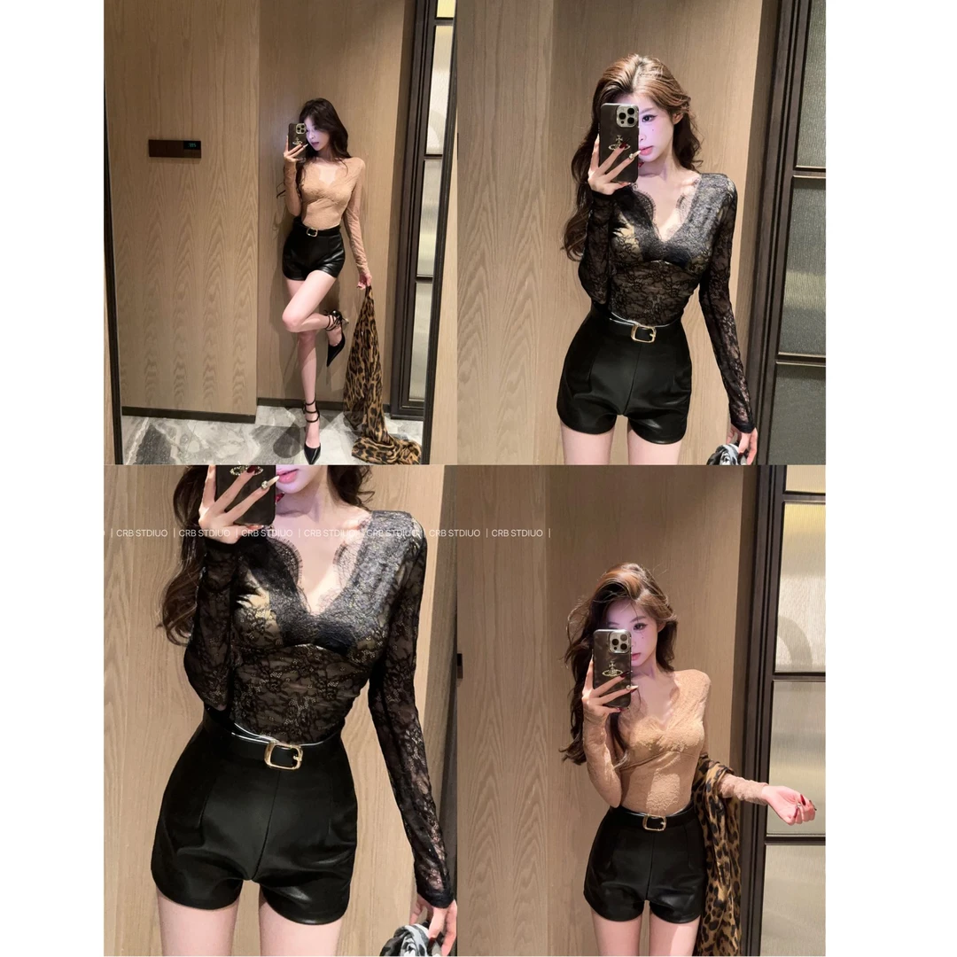 【春日部】微透花边蕾丝长袖V领＋紧身包臀皮裤0507