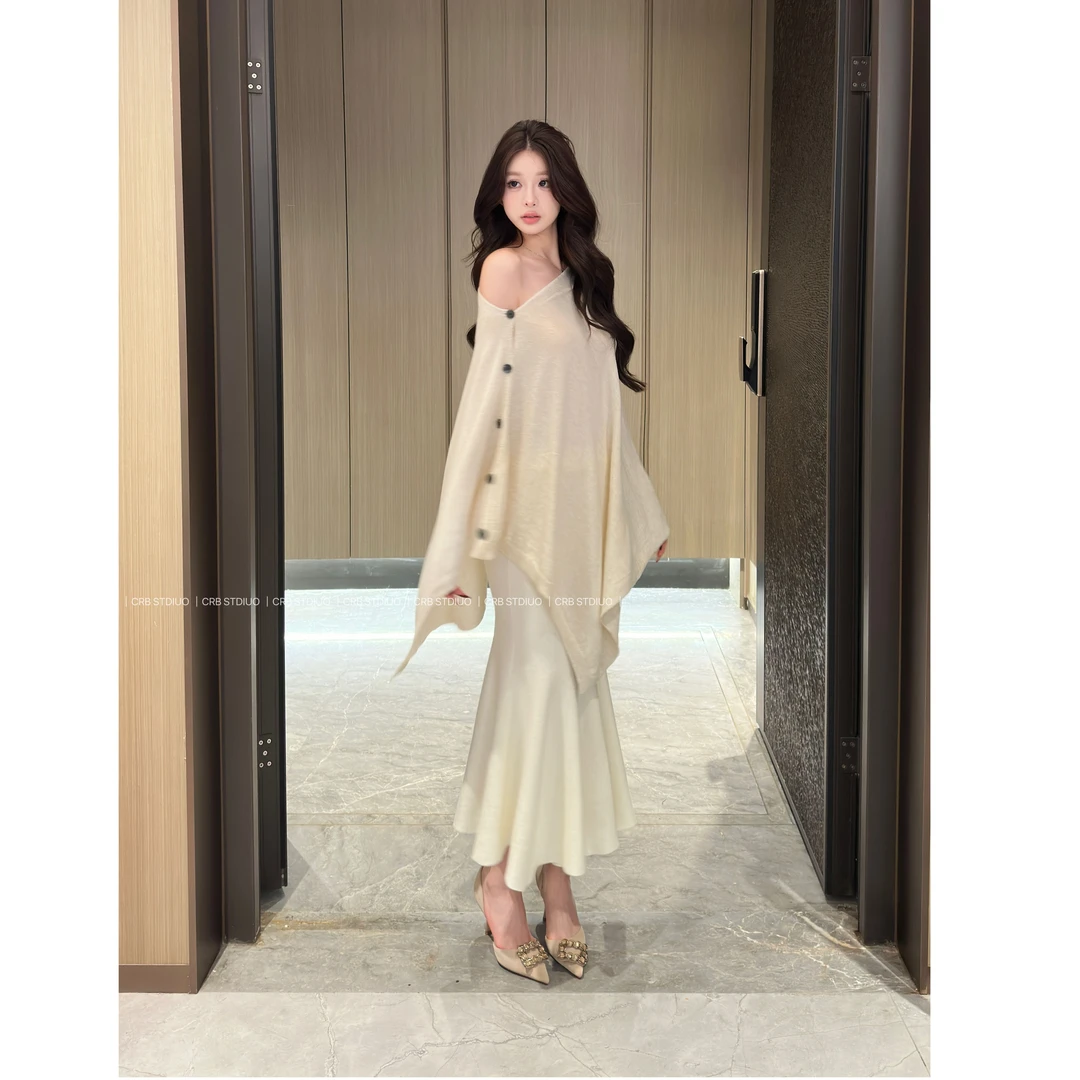 【春日部】纽扣披肩上衣+性感包臀鱼尾半裙套装0462