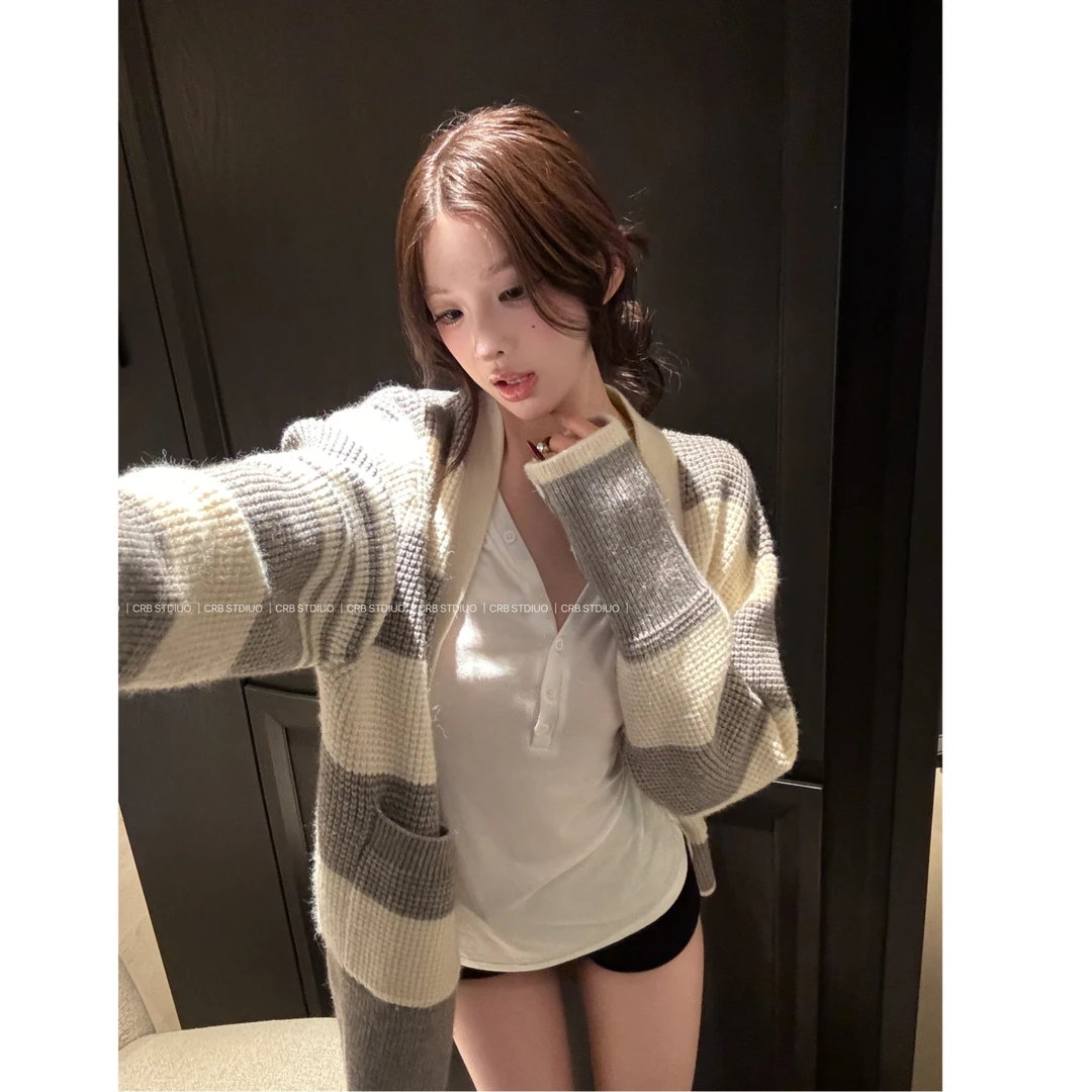 【春日部】伦敦启事条纹开衫外套宽松百搭0477