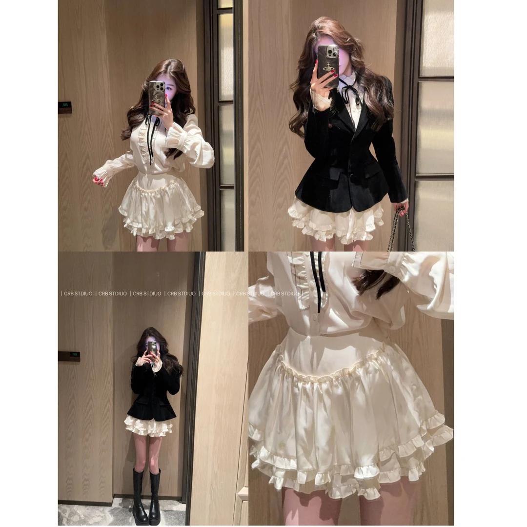 【春日部】黑色丝绒西装外套衬衫半身裙三件套时尚套装0513