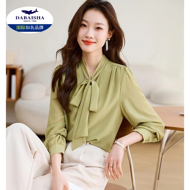 春季气质雪纺长袖衬衣女飘带衬衫上衣2024早春新款洋气小衫