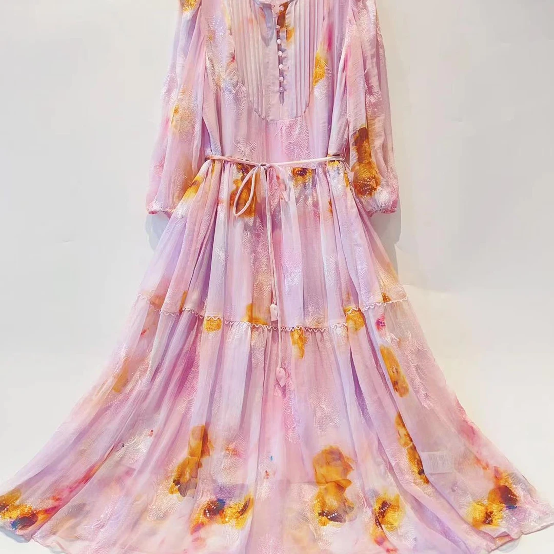 妍姐2024年春夏新款高端优雅气质修身复古真丝连衣裙 粉色24008-2