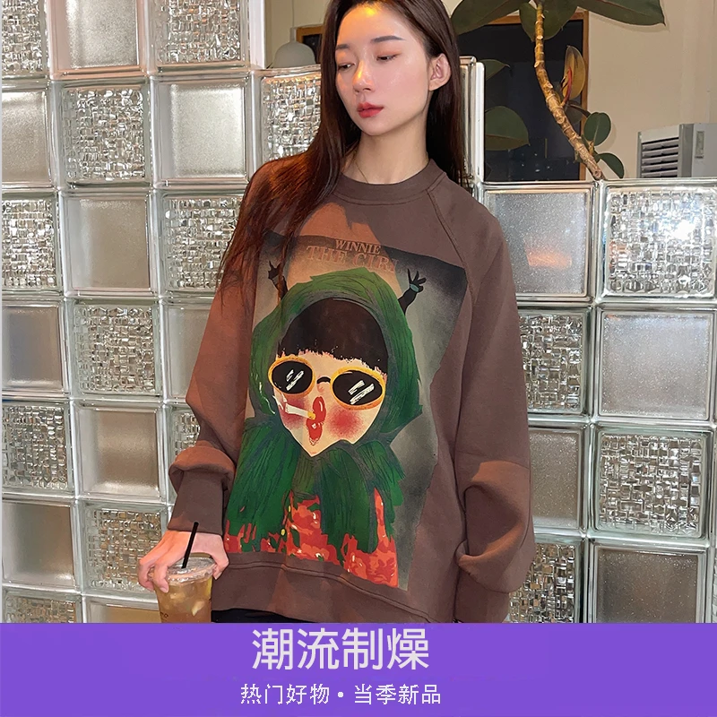 5756-【文鹿鹿】2024秋冬新品时尚长袖涂鸦女孩宽松百搭潮流卫衣女