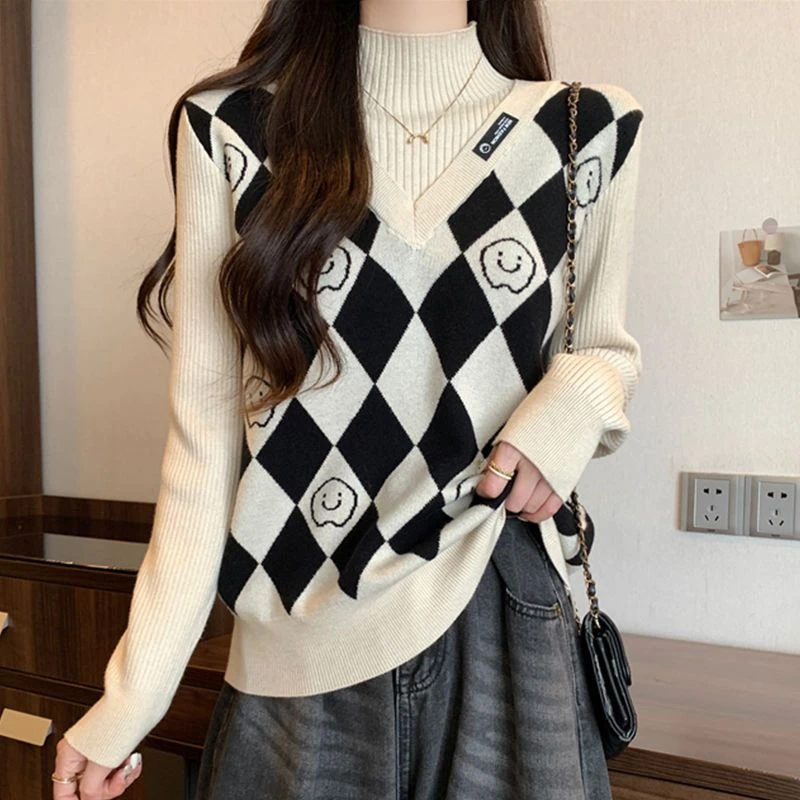 时尚百搭秋季超好看假两件秋冬洋气半高领毛衣2024新款针织打底衣