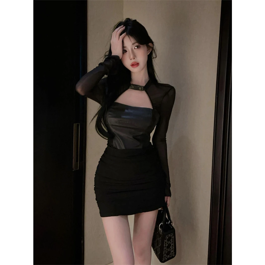 实拍黑色网纱皮质拼接长袖收紧身包臀纯欲辣妹短款连衣裙实价