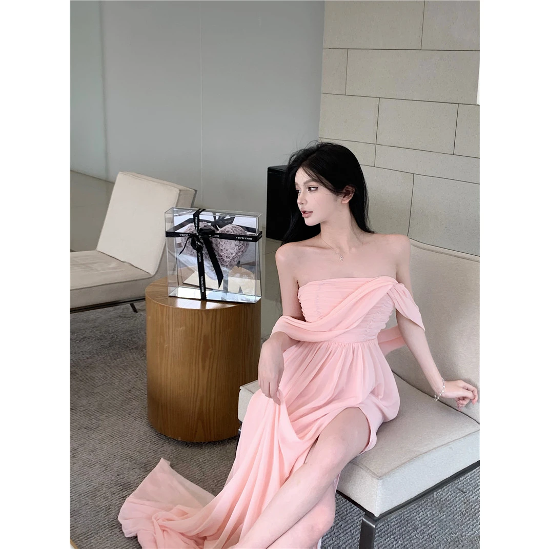 甜美抹胸开叉拖地长裙三亚旅行穿搭海边度假连衣裙高个子一字肩女