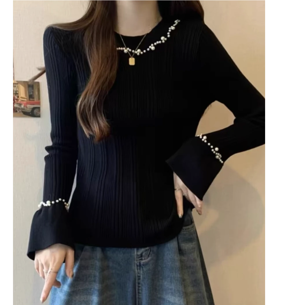 3567大码女装圆领秋冬时尚内搭小众洋气钉珠设计感百搭上衣针织衫