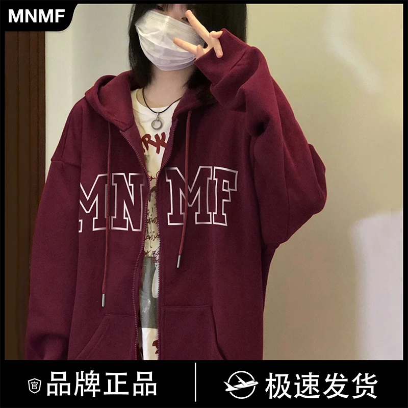 mnmf简约字母印花酒红色拉链连帽开衫美式复古外套女小个子#T1918