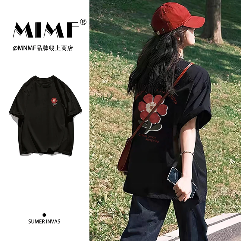 mnmf韩系学院风减龄花朵百搭印花短袖T恤女美式休闲上衣#T010512