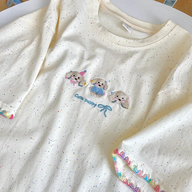 mnmf彩棉点点刺绣卡通狗狗时尚洋气宽松圆领T恤女短袖上衣#818
