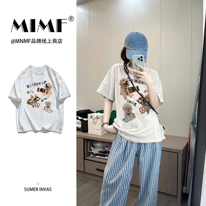 mnmf卡通狗狗印花短袖T恤男女夏季休闲圆领纯棉百搭休闲风#T5525