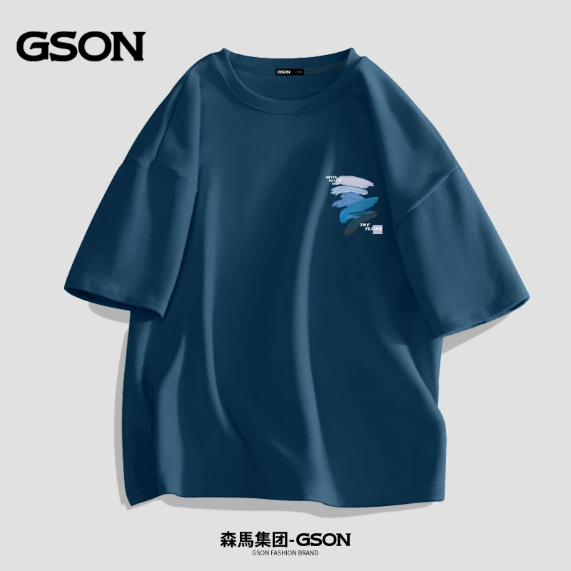 森馬集团旗下GSON短袖t恤男夏季设计感简约半袖纯棉蓝色大码上衣