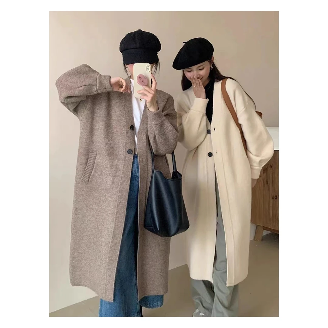 韩版高级感泡泡袖长款针织大衣女秋冬过膝宽松慵懒毛衣外套厚开衫