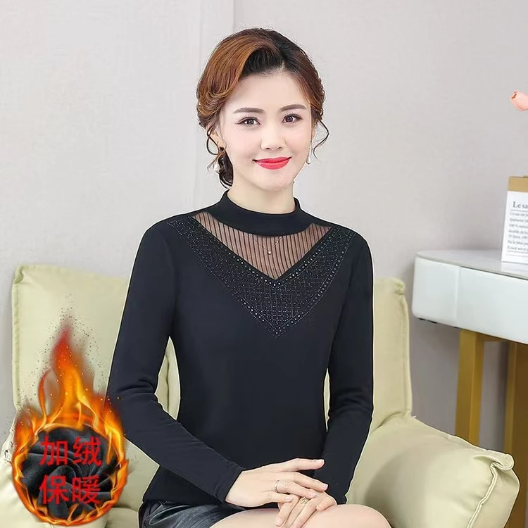 秋冬款加绒加厚修身百搭气质打底衫半高领妈妈装内搭女士上衣-15