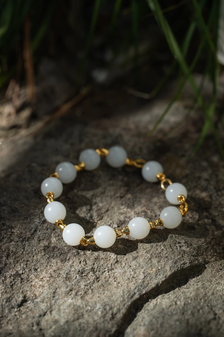 新疆和田18K金镶白玉圆珠手串手链苏工轻奢气质时尚百搭小众