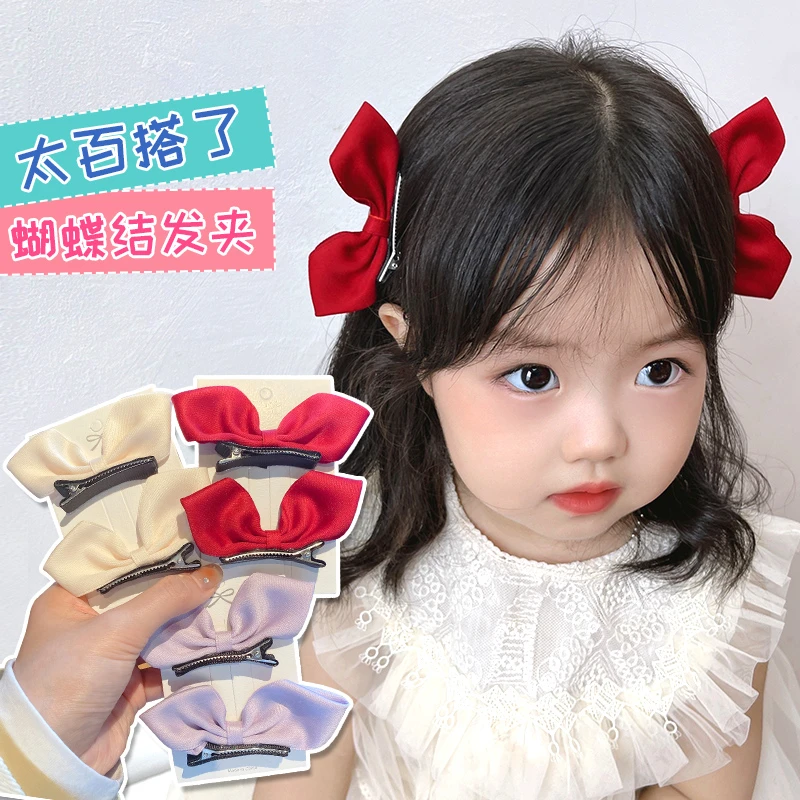 宝宝发夹不伤发可爱红色立体蝴蝶结全包布小女孩发卡儿童公主发饰
