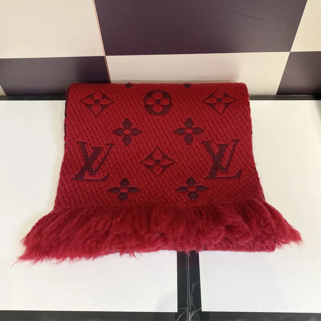 95新 LouisVuitton/路易威登 LV   酒红色碎边 围巾-5