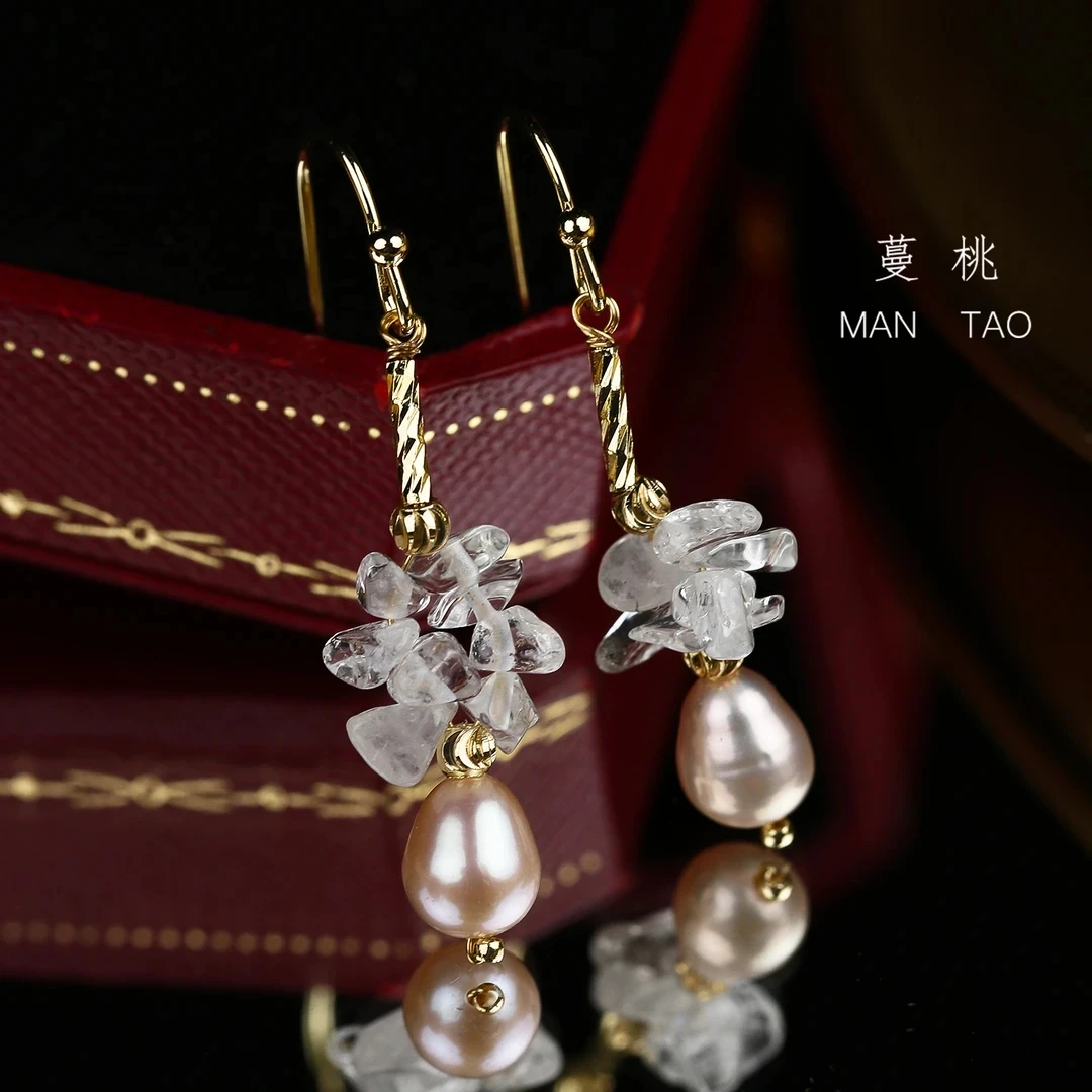 合金耳饰 【碎冰冰】紫色淡水养殖珠耳钩小众高级设计感长款耳坠