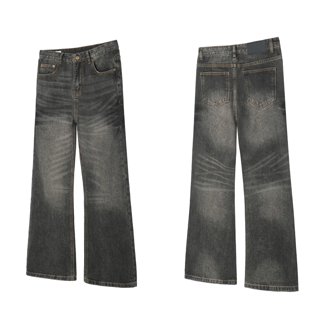 SUITEDALL黑灰色微喇叭水洗牛仔裤 自然猫须百搭设计感休闲长裤子