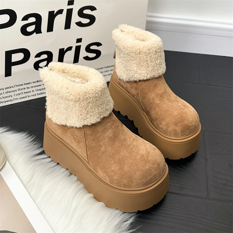 厚底增高雪地靴女款2024年冬季新款绒面翻领短靴加绒加厚保暖棉鞋