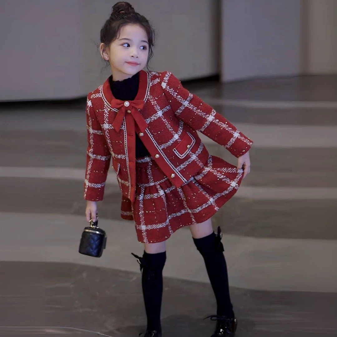 女童冬装套装2024新款中大童小香风夹棉两件套新年红色衣服拜年服
