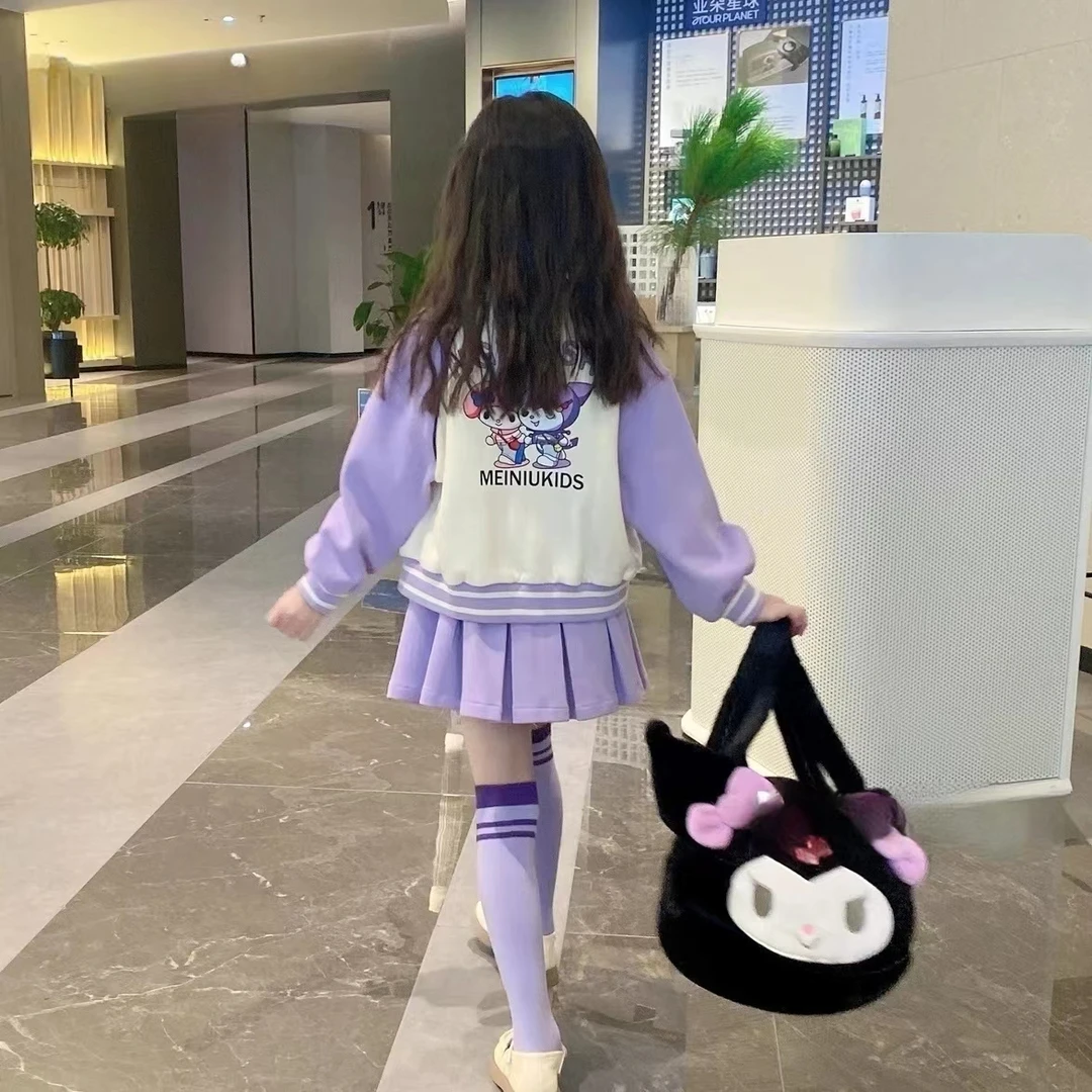 女童秋装库洛米套装2024新款中大童韩版棒球服外套百褶裙三件套潮