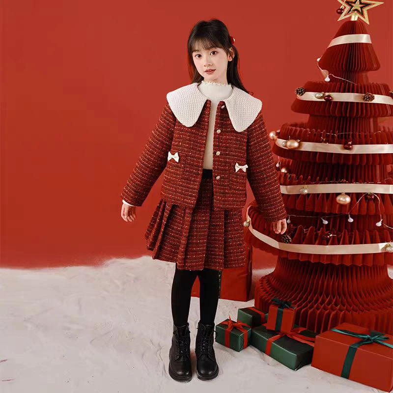 女童套装大童小女孩小香风红色童装加厚冬装儿童洋气时髦秋冬新款