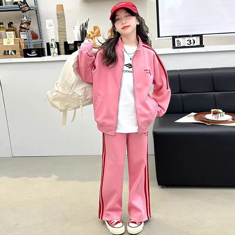 女大童休闲运动套装加绒2024新款初中生开衫卫衣两件套中大童套装