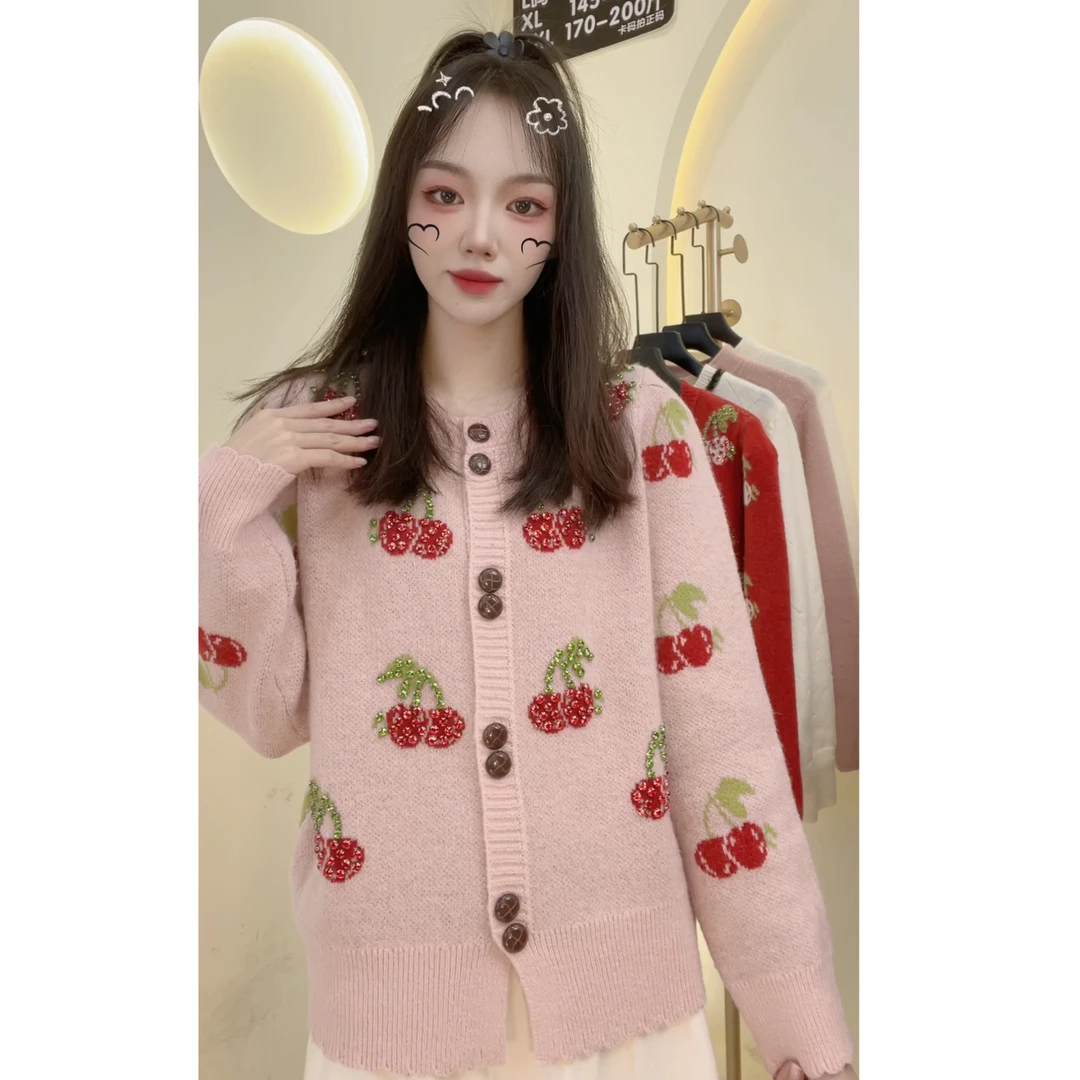 【大码80-200斤】重工钉钻樱桃显瘦百搭气质开衫上衣款1838