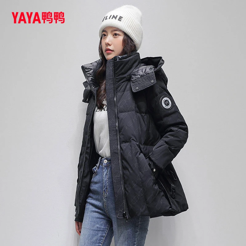 YAYA/鸭鸭YE2B604372Y时尚休闲情侣防风女士连帽鸭绒短款羽绒服