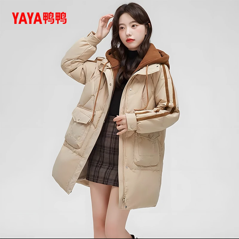 YAYA/鸭鸭YE2B624995L户外休闲时尚气质情侣秋冬收腰中长款羽绒服