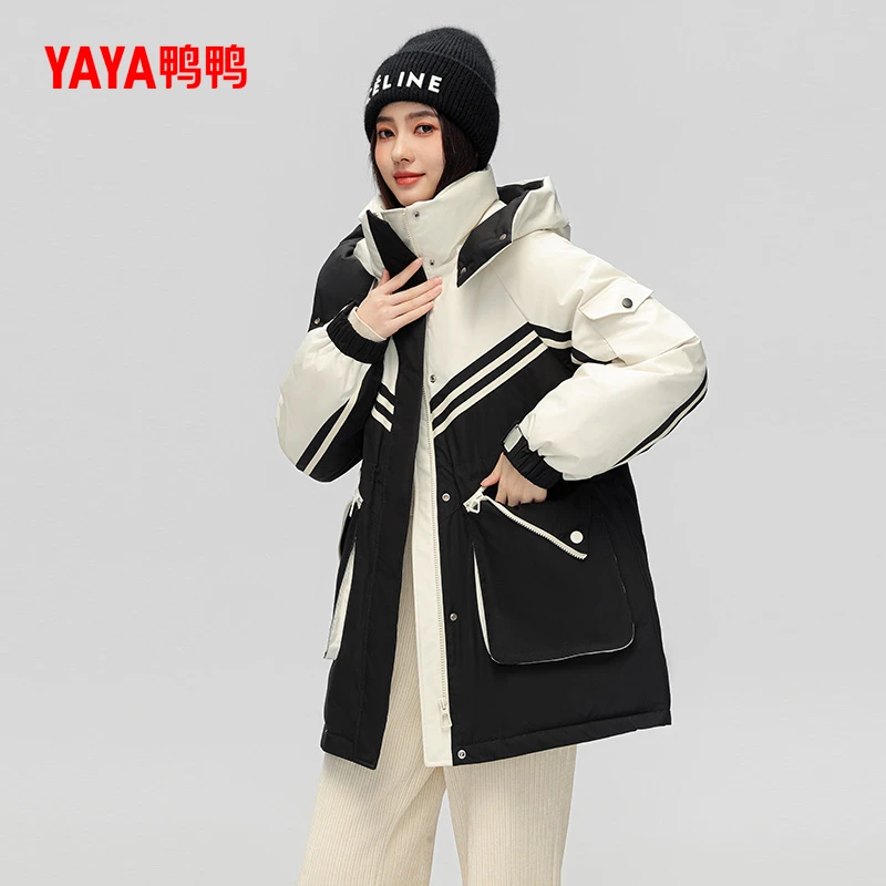 YAYA/鸭鸭YE3B624862H户外派克连帽拼色时尚轻暖感冬季保暖羽绒服