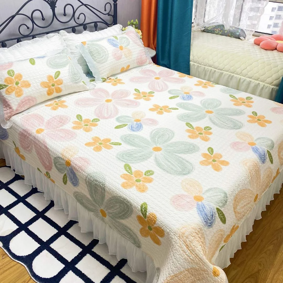 纯棉夹棉绗缝床盖雪纺花边三件套新春款仙女四季加厚床盖公主风