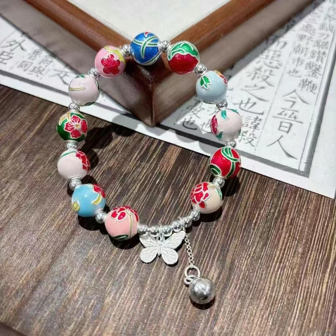 足银手链 足银999十二花神蝴蝶纯银手链女国风珐琅转运珠手串时尚