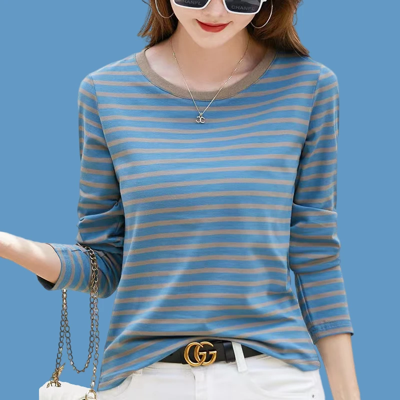 春秋长袖女t恤新款洋气中年妈妈条纹上衣宽松大码打底衫时尚外穿