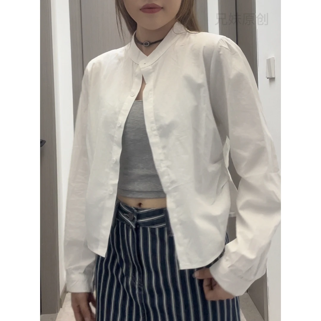 早秋新款白色衬衣圆领气质百搭短款女款修身显瘦高级衬衫外套春秋