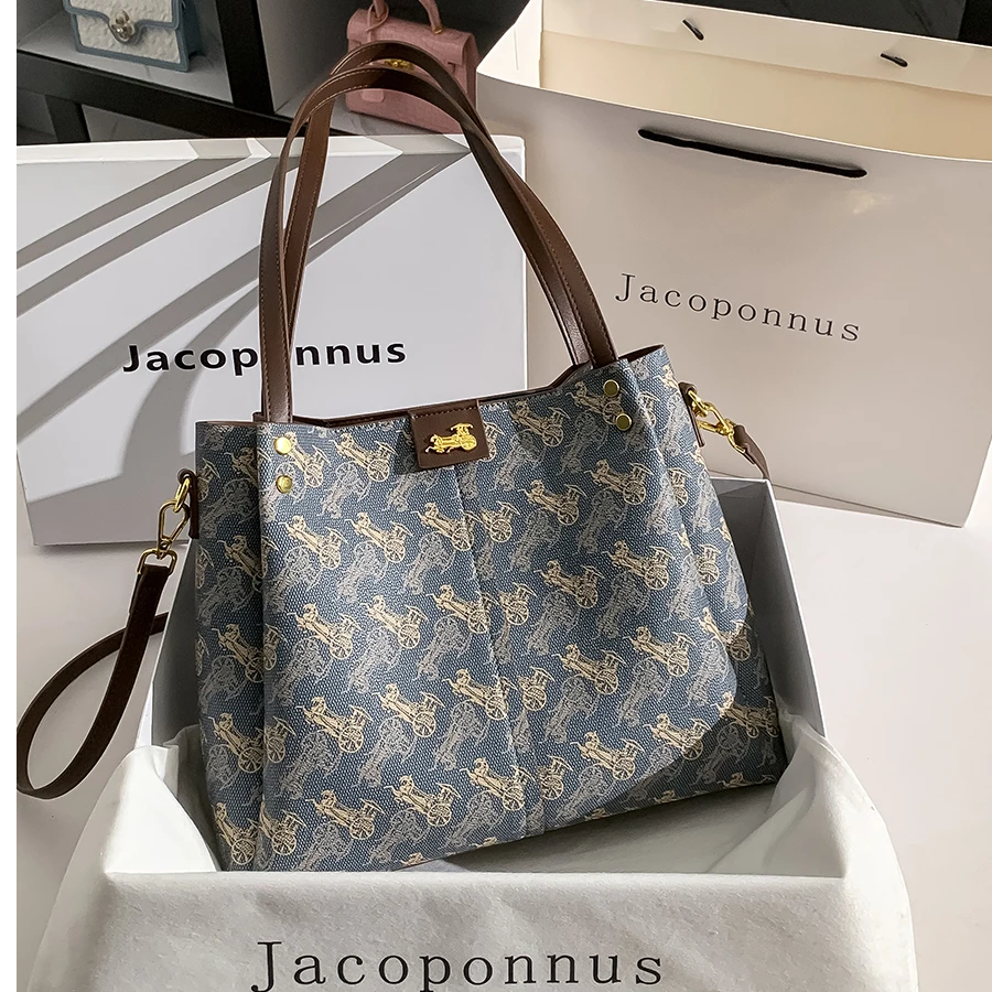 【雅各邦】真皮托特包女2025新款蓝色休闲雅丹感通勤手提斜挎气质