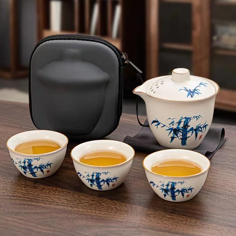 汝窑旅行茶具套装功夫泡茶壶一壶三杯户外喝茶泡茶器便携式快客杯
