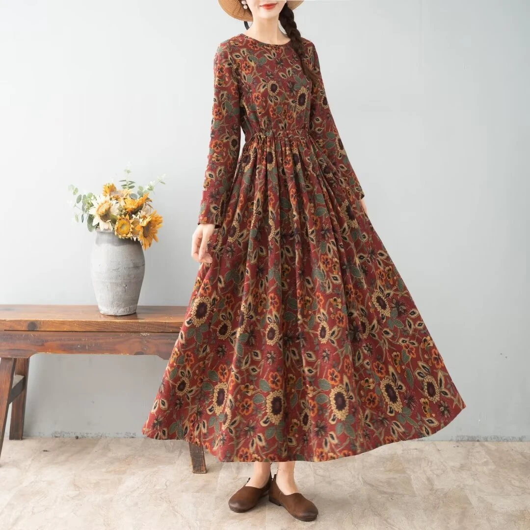 2386 春秋款女装连衣裙显瘦长裙气质长袖长款收腰碎花