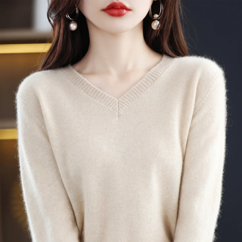 新款女V领长袖羊毛衫套头气质时尚洋气打底宽松百搭显瘦针织衫