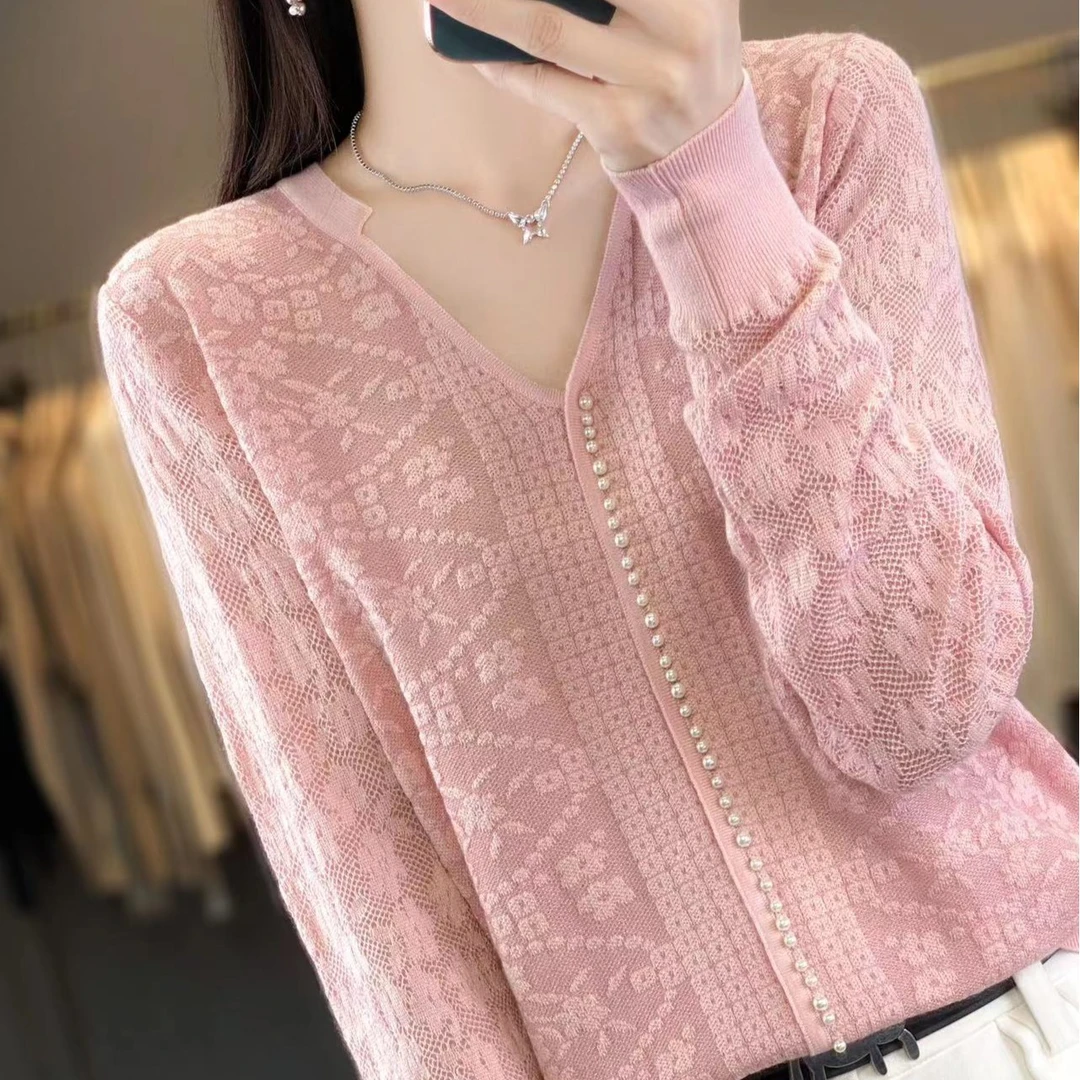 蕾丝镂空洋气春秋薄款显瘦2023秋季针织打底衫时尚气质长袖针织衫