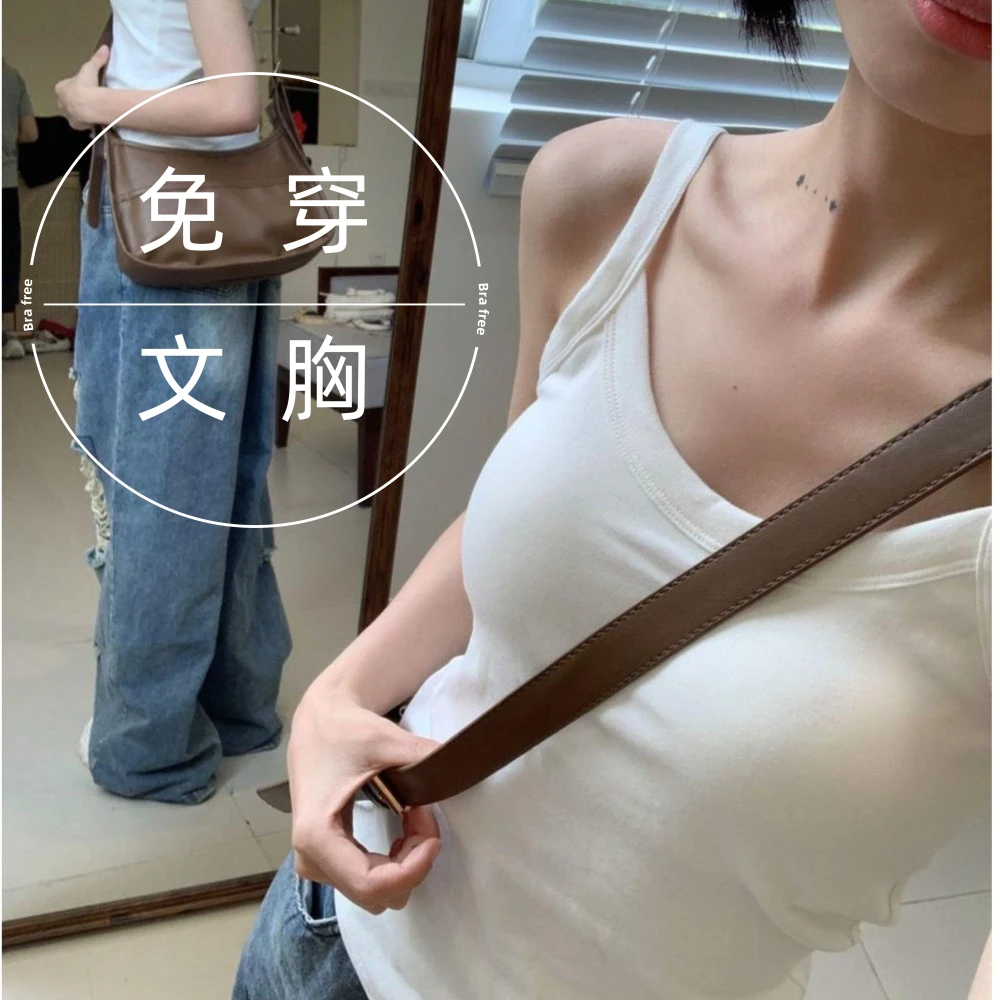 【显瘦遮副乳】长款白色吊带背心带胸垫女内搭夏季修身不规则下摆