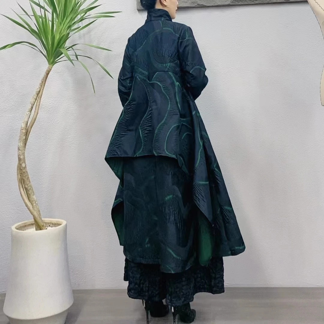 清静语qjy221713黑绿色高贵气质提花时尚设计师新中式外套风衣