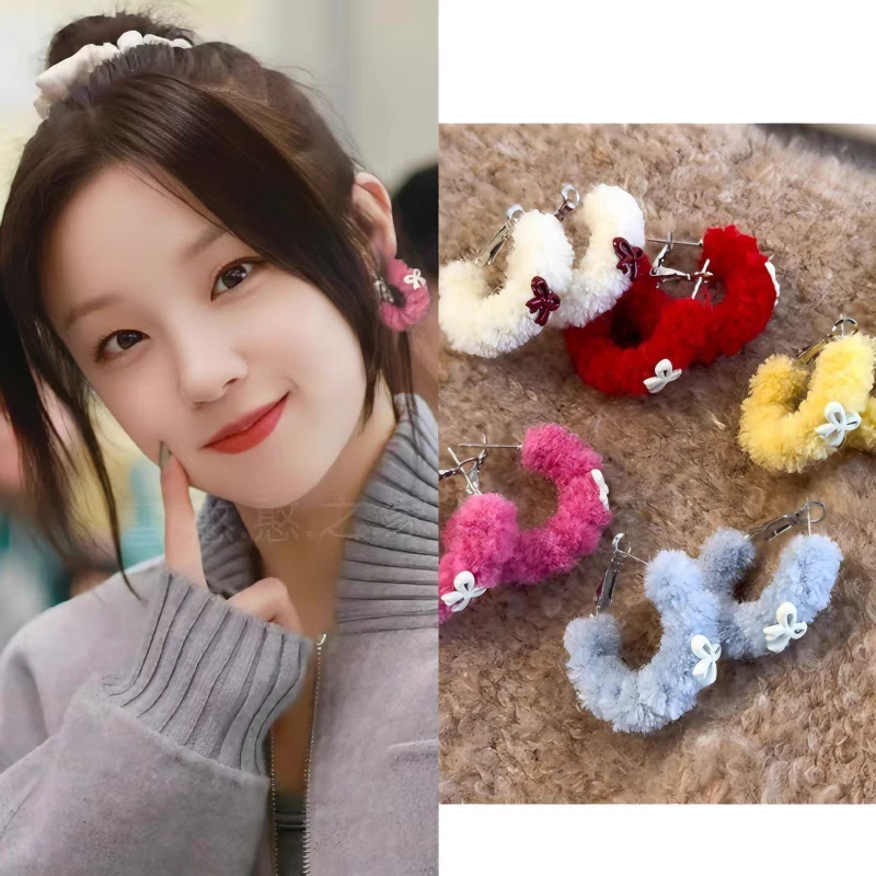 铜合金耳饰 秋冬毛绒蝴蝶结耳圈女甜美设计时尚百搭耳环耳饰