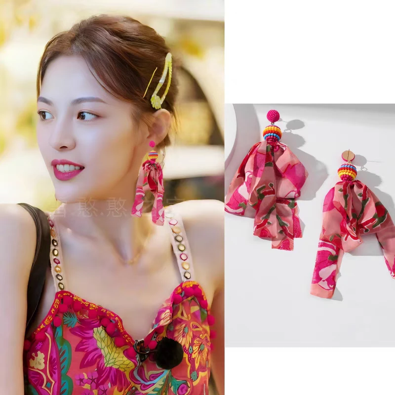 非金属布艺耳饰 钟楚曦同款耳环红色耳饰耳钉耳坠耳夹2024新款