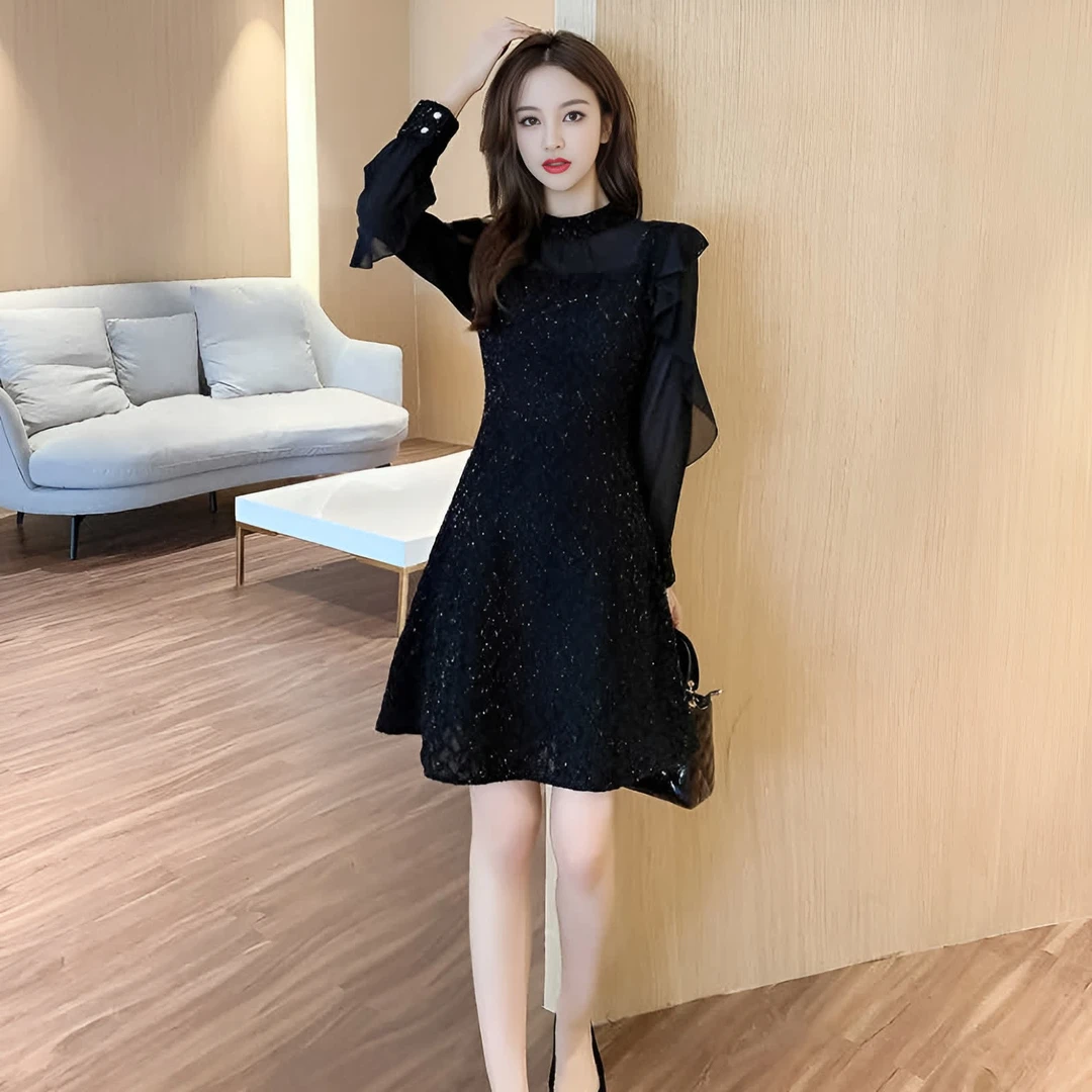 秋季长袖高级感连衣裙2025新款亮闪闪裙子显瘦穿搭小黑裙女款爆款