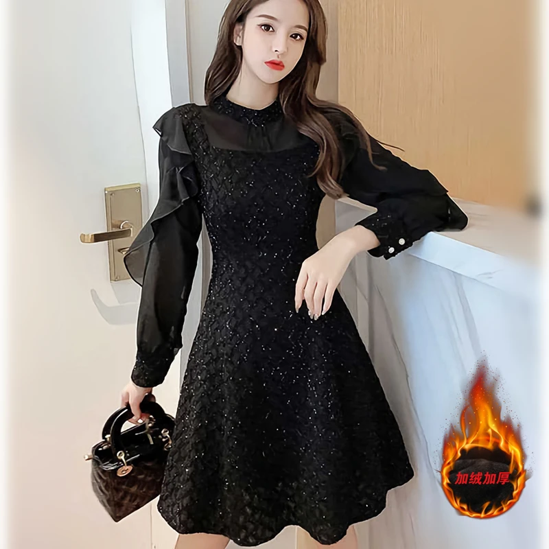 秋冬加绒加厚连衣裙2025冬季名媛风亮闪闪裙子爆闪显瘦穿搭小黑裙