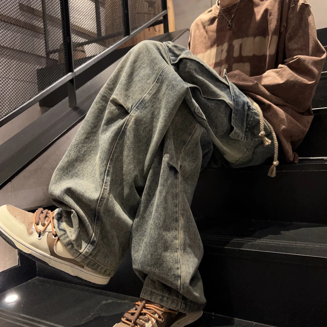 麻花抽绳牛仔裤男秋冬美式高街痞帅大口袋工装裤直筒宽松休闲裤子