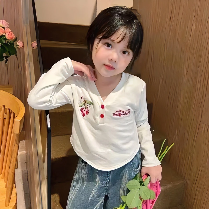 诺佳童装2023爆款女宝长袖T恤春秋季外穿上衣韩版V领打底衫宽松休